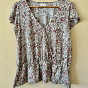 Melloday| Romantic Feminine V-Neck Peplum Short Sleeve Floral Blouse  Size Large